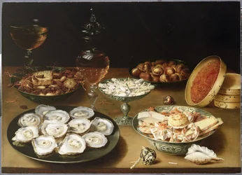 Nature morte avec huîtres, sucreries et châtaignes rôties